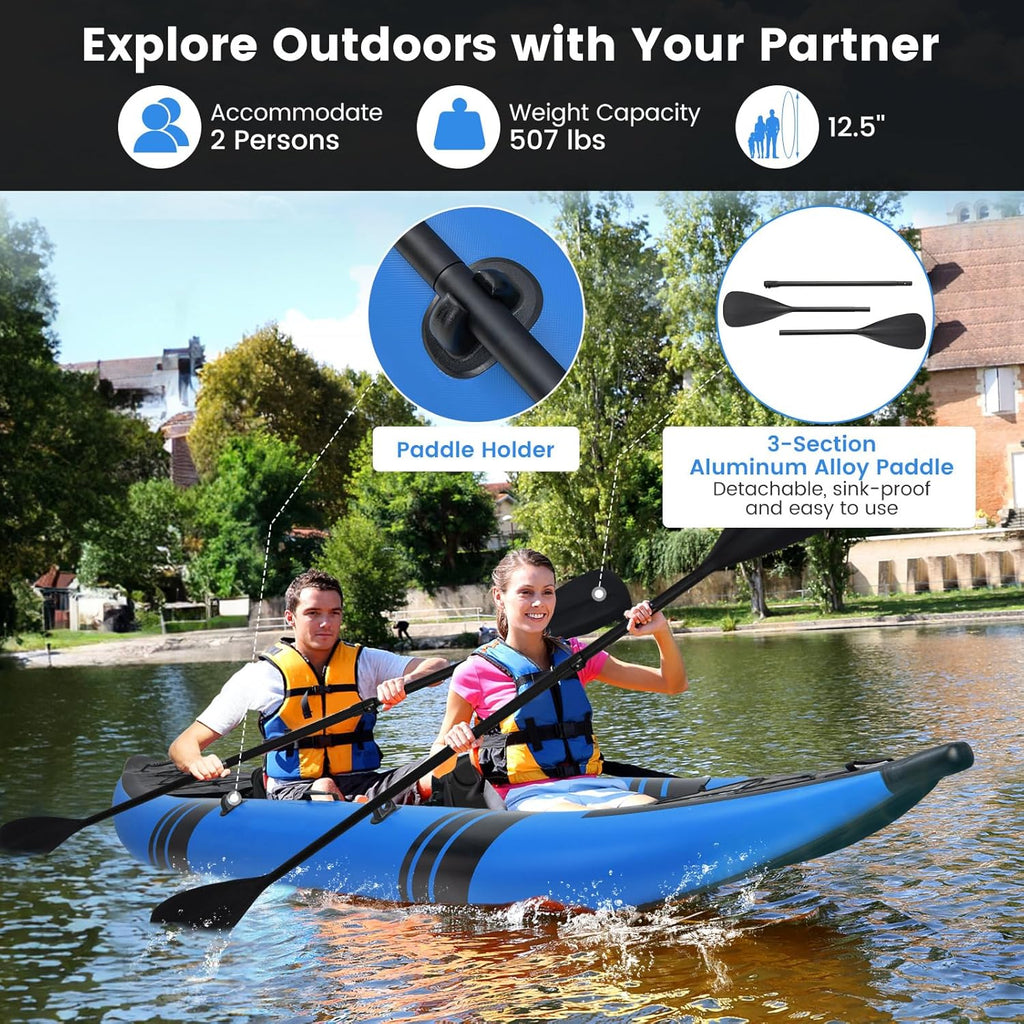 Inflatable Kayak, 12.5Ft 507Lbs Tandem Kayak with 2 Aluminum Paddles, 2 Padded Seats, Footrests, 2 Fins, Hand Pump, Carry Bag & Repair Kit, 2 Person Fishing Touring Kayak for Adults