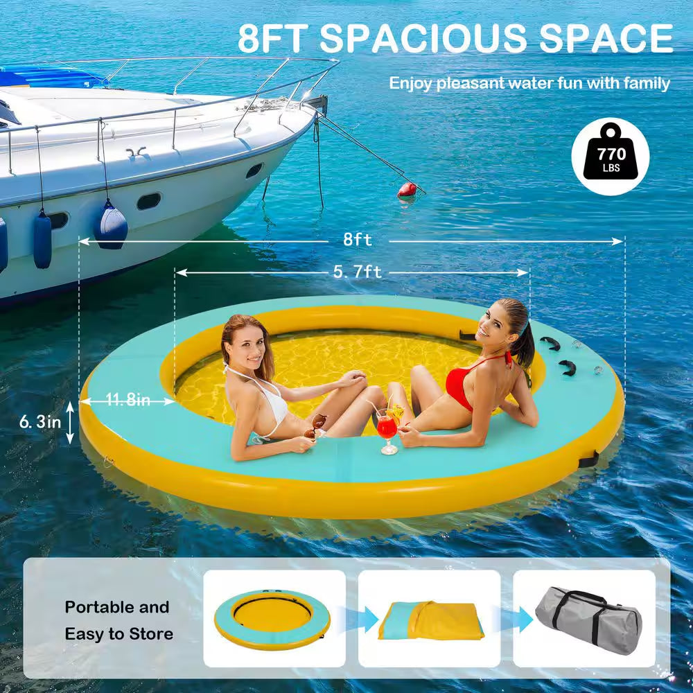 8 Ft. round Inflatable Floating Dock Platform Water Hammock Pool Float with Ladder and Carrying Bag