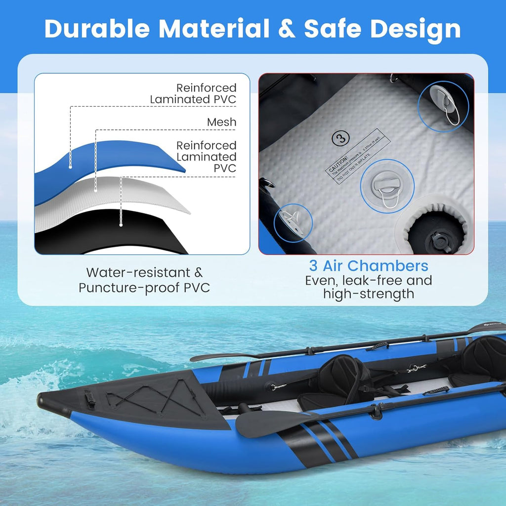 Inflatable Kayak, 12.5Ft 507Lbs Tandem Kayak with 2 Aluminum Paddles, 2 Padded Seats, Footrests, 2 Fins, Hand Pump, Carry Bag & Repair Kit, 2 Person Fishing Touring Kayak for Adults