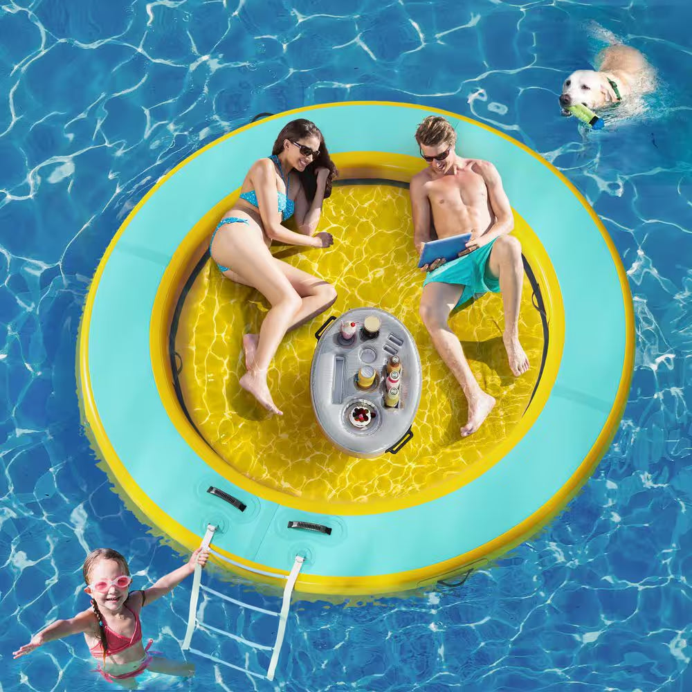 8 Ft. round Inflatable Floating Dock Platform Water Hammock Pool Float with Ladder and Carrying Bag